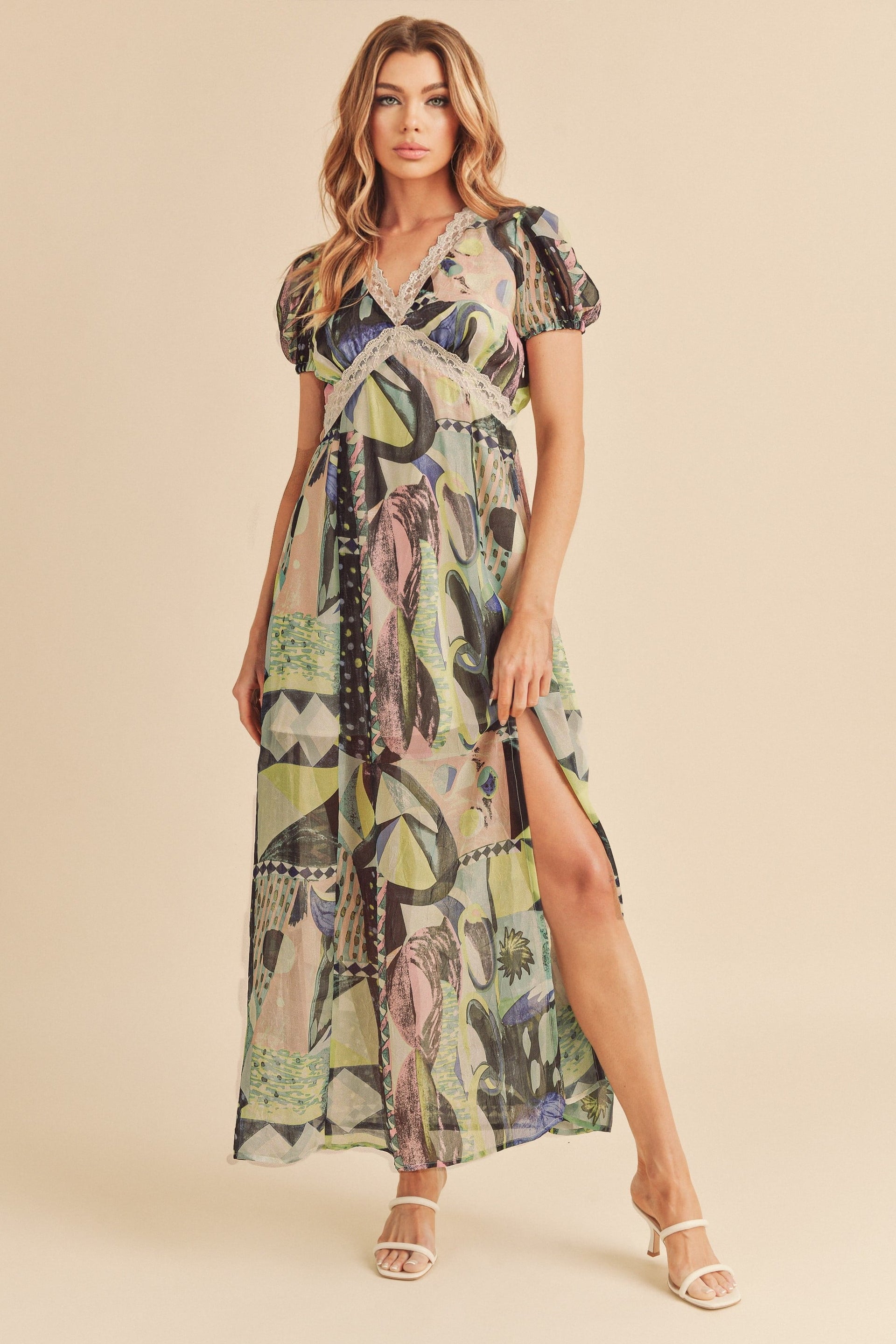 Lace Detail Slit Geometric Print Short Sleeve Maxi Comfortable Dress For Women, Elegant Lace, Alluring Slit, Sophisticated Geometric Print for Casual & Dressy Occasions