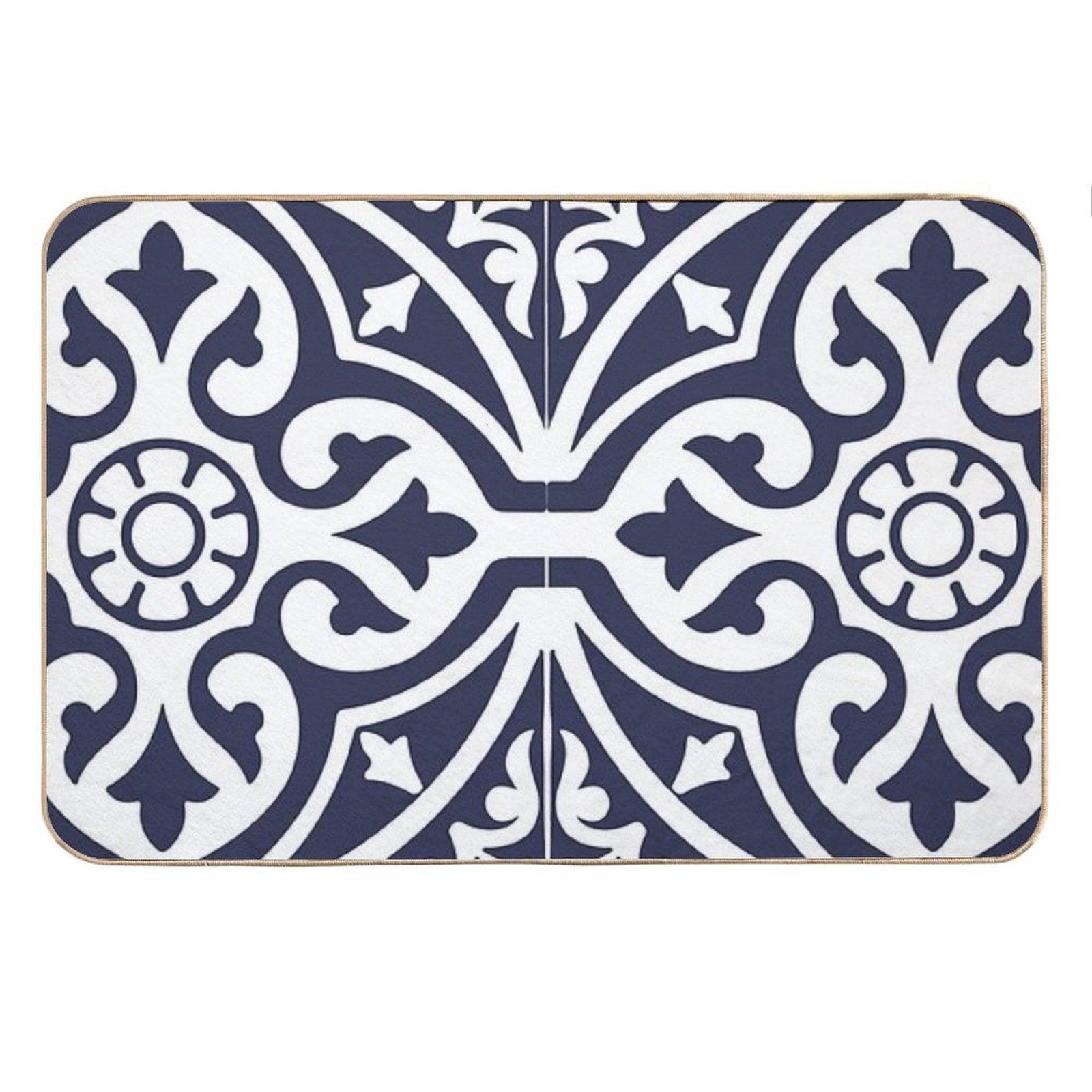 Hamptons Blue And White Moroccan Talavera Tile Bath Mat