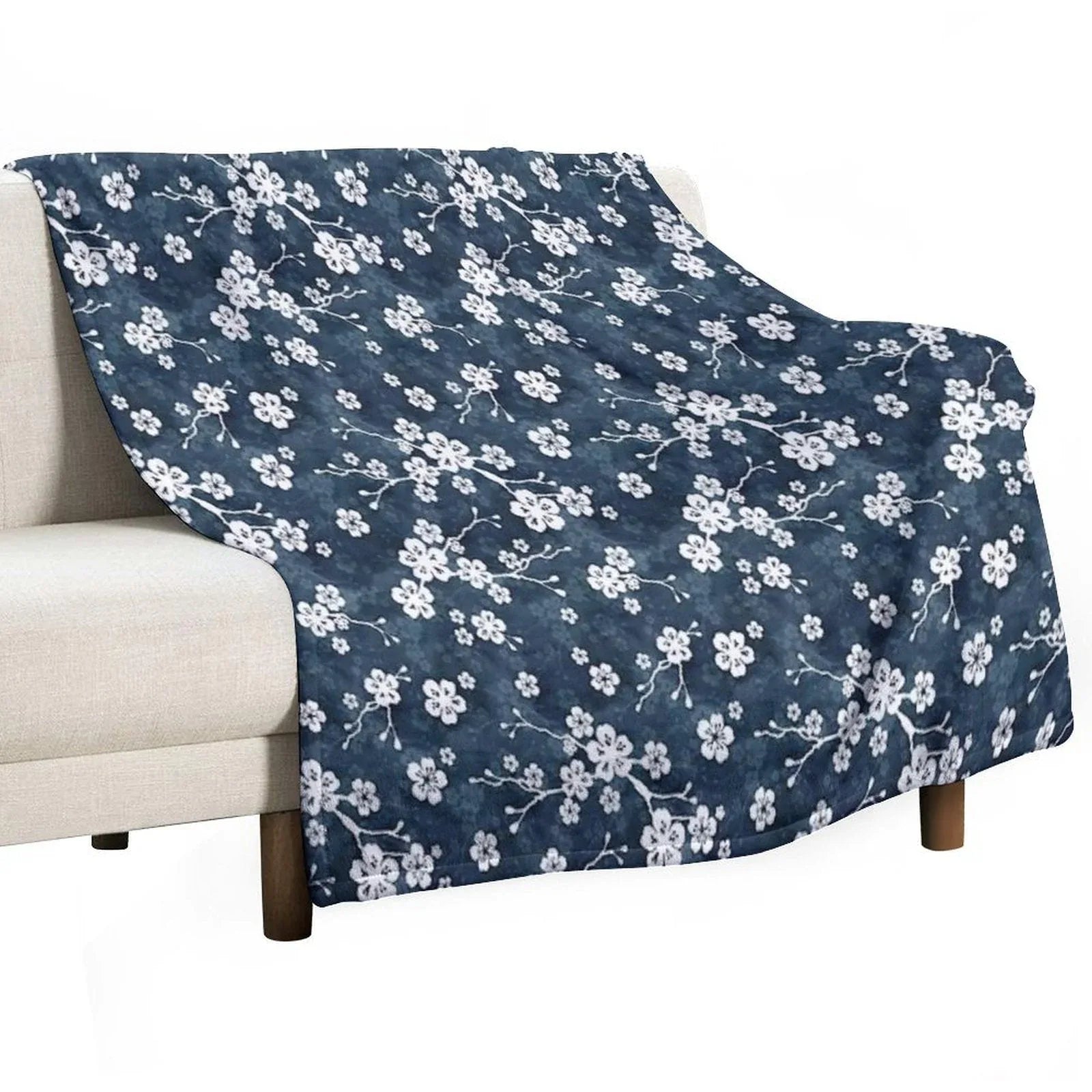 Navy And White Cherry Blossom Pattern Throw Blanket
