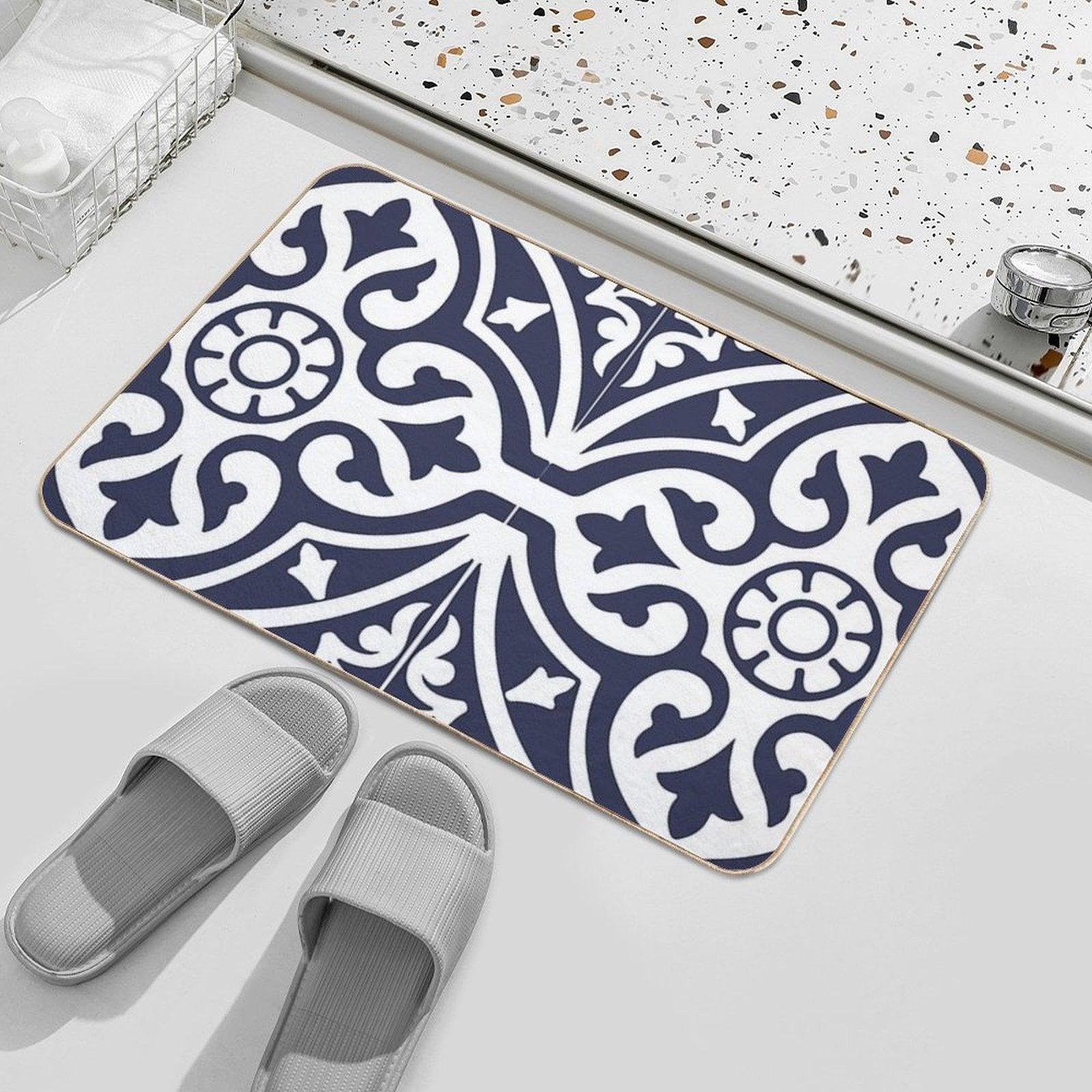 Hamptons Blue And White Moroccan Talavera Tile Bath Mat