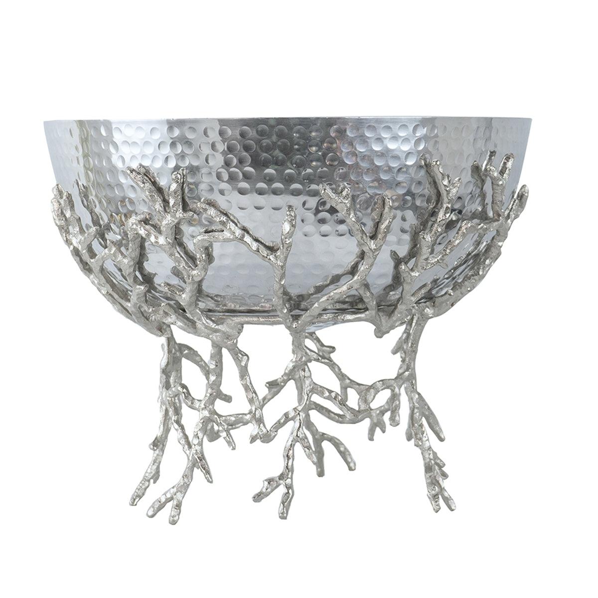 Silver Aluminum Decorative Pedestal Bowl with Sculptural Branch Base – Modern Centerpiece