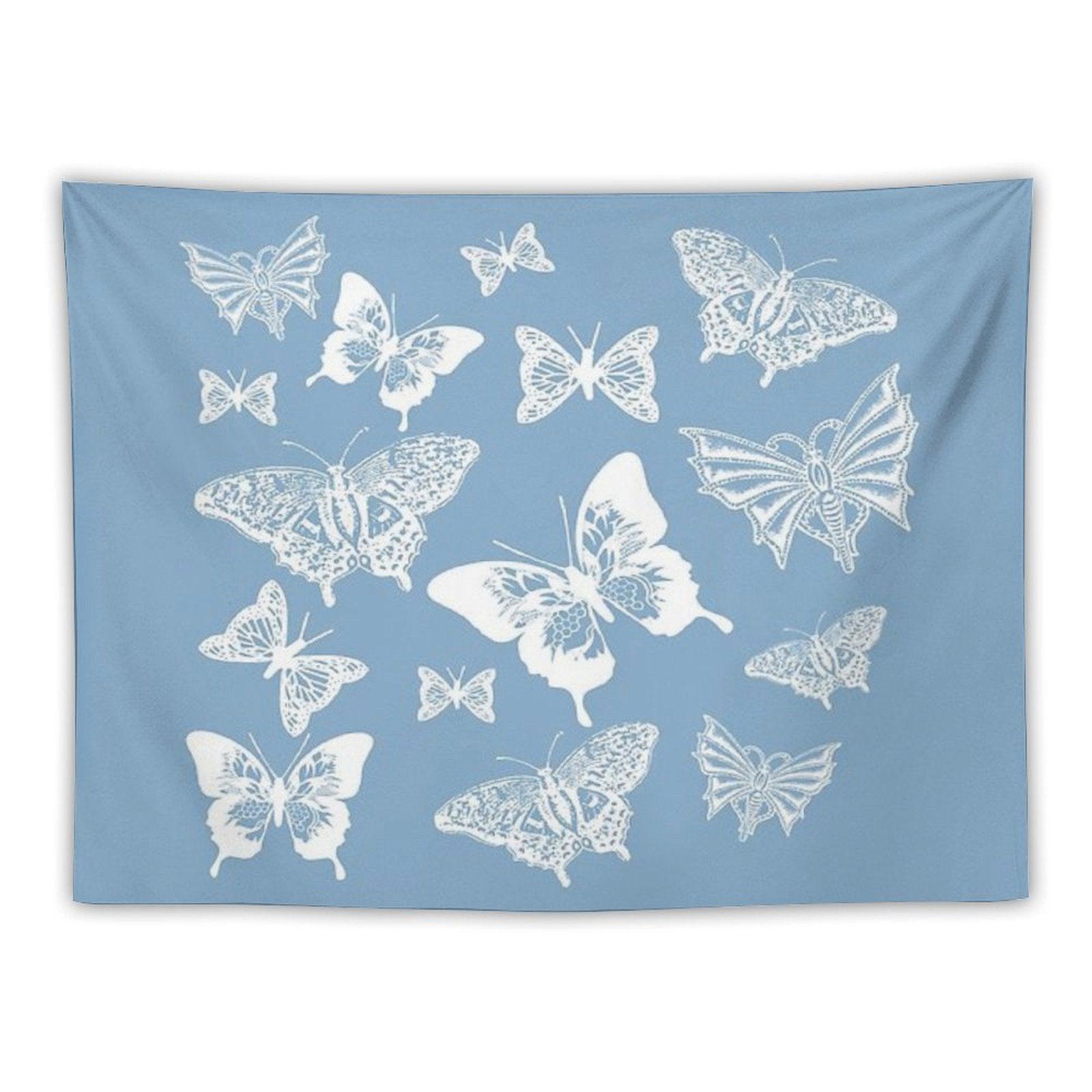 White Butterflies on Smoky Blue Grey Background Tapestry