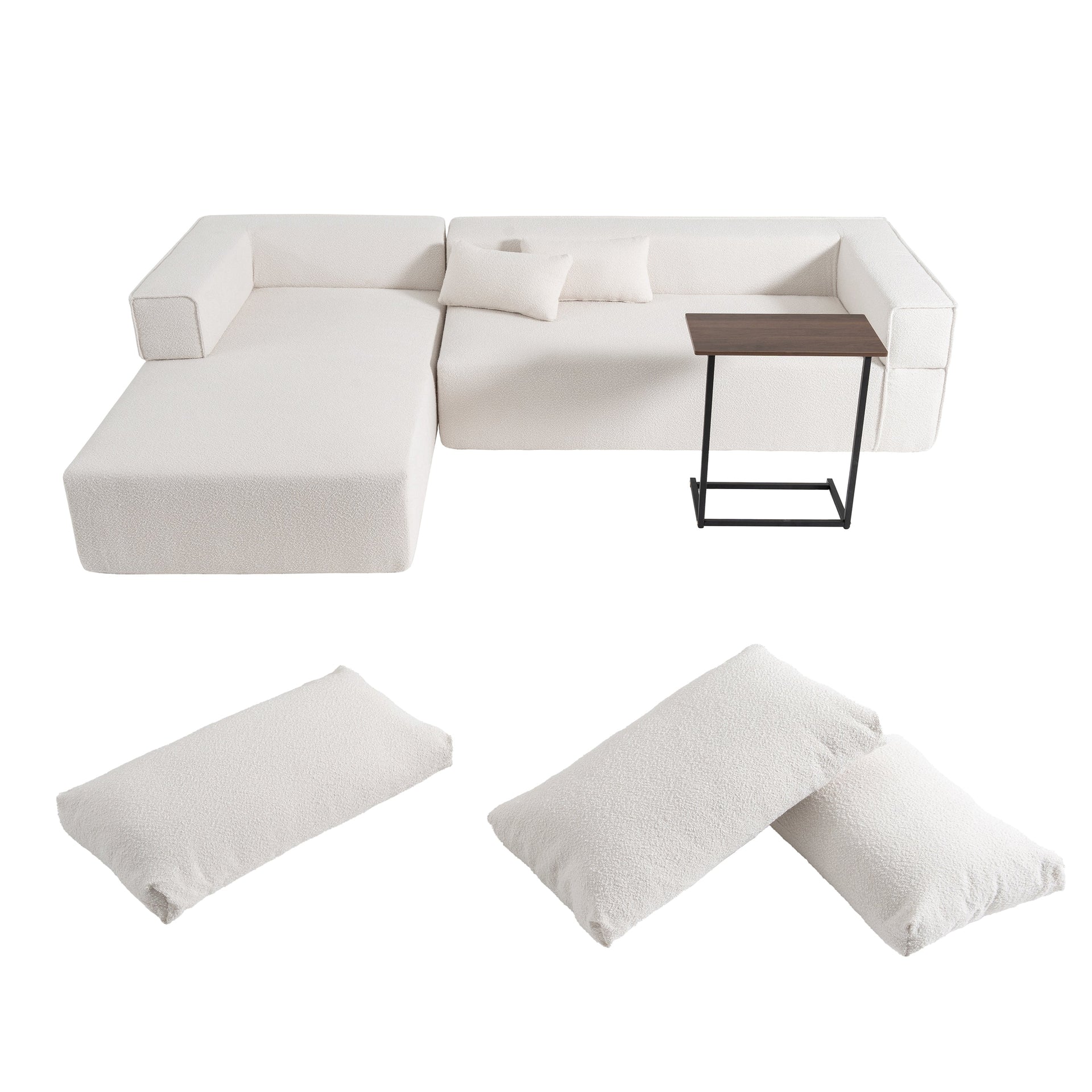 112'Modular Sectional Sofa with Free Side Table,Wide Seat,Fully Compressed,Wrinkle-resistant Boucle Fabric Couch with Chaise,Free Combination,L-Shaped Sofa for Living Room,No Assembly Required,3 Color