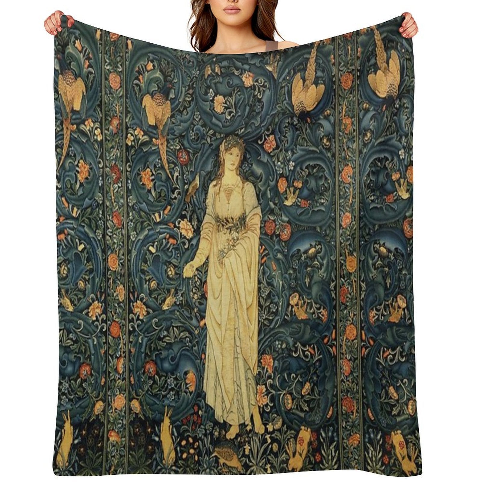 LADY FLORA, GREENERY, FOREST ANIMALS ,PHEASANT BIRDS ,RABBITS Blue Green Floral Tapestry Easy Care Throw Blanket