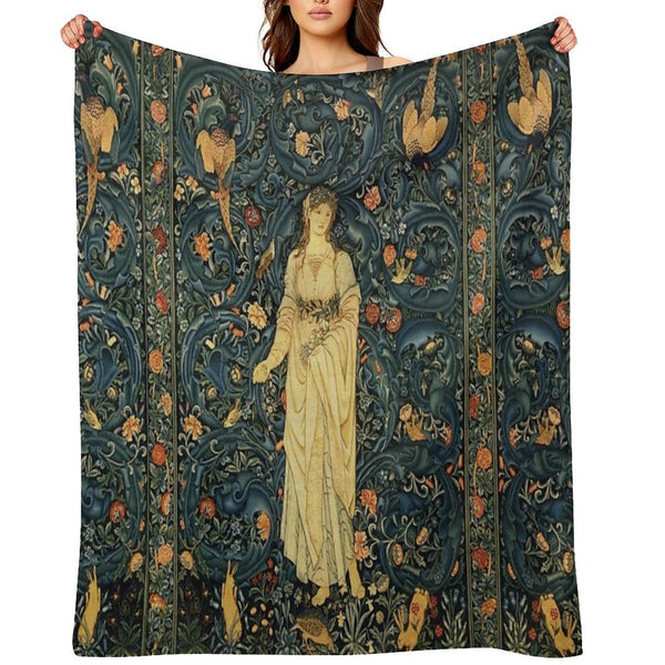 LADY FLORA, GREENERY, FOREST ANIMALS ,PHEASANT BIRDS ,RABBITS Blue Green Floral Tapestry Easy Care Throw Blanket