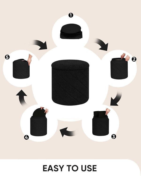 Luxurious Black Boucle Storage Ottoman 12 In Diameter Tray