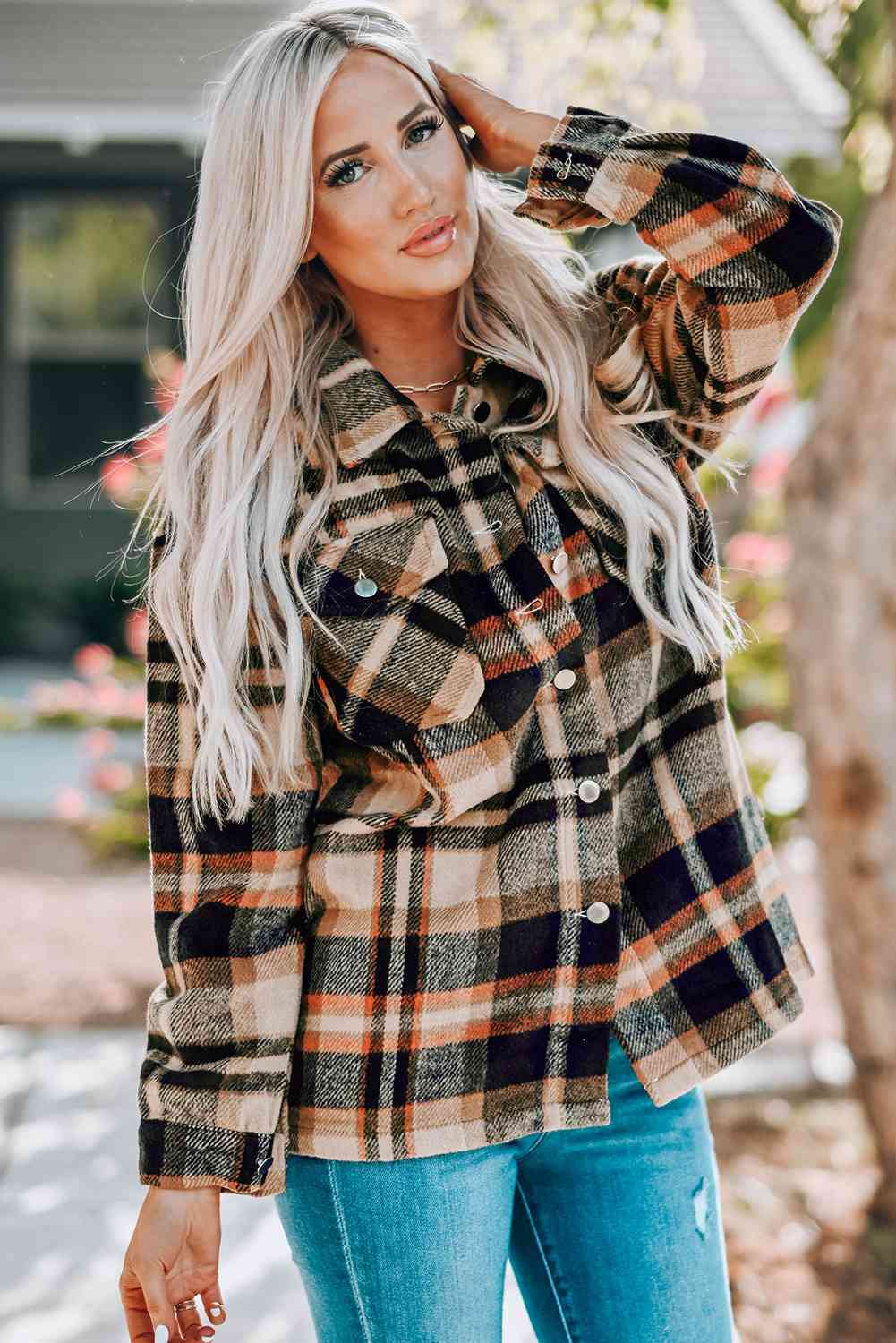 Classic Plaid Button Front Shirt Jacket with Breast Pockets Casual & Minimalist Outerwear