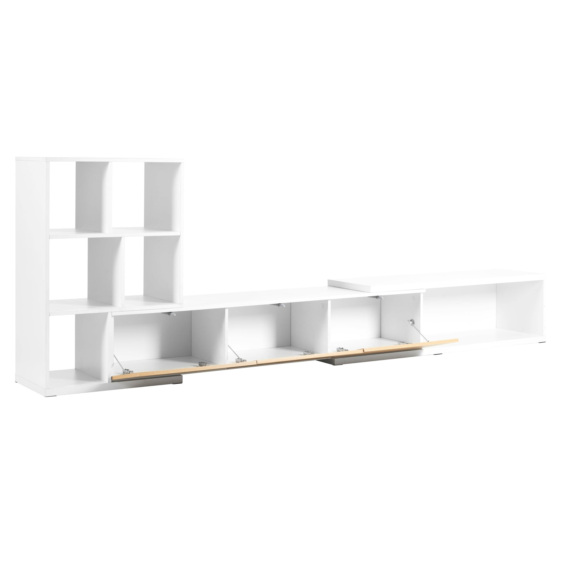 Angled view of open compartments in Extendable TV Stand with 3 Tier Bookshelves, designed for easy access and modern storage.