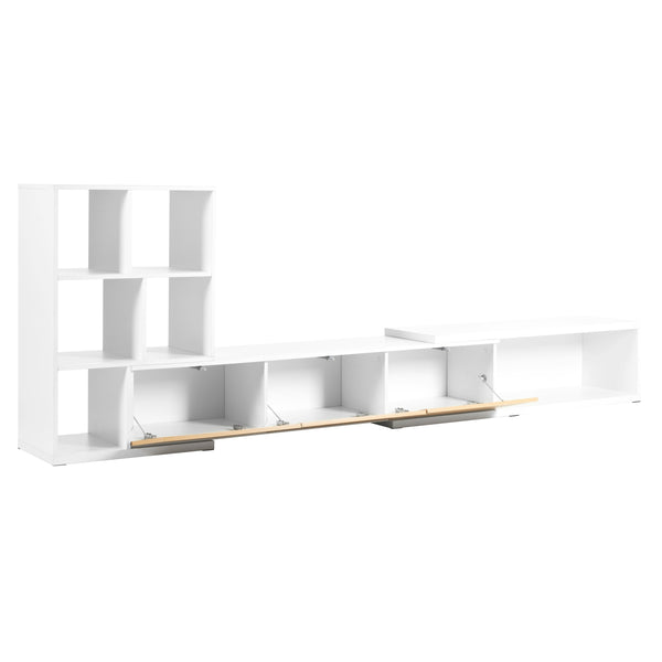 Angled view of open compartments in Extendable TV Stand with 3 Tier Bookshelves, designed for easy access and modern storage.