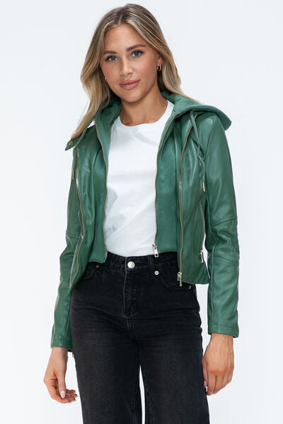 Women Classic Snobbish Faux Leather Zip-Up Drawstring Hooded Jacket Edgy & Casual PU Leather Jacket For Streetwear