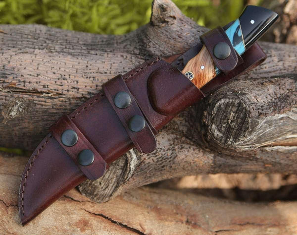Echelon Damascus Gut Hook Knife with Exotic Olive wood & Turquoise Handle - Gifts for You 'n Me