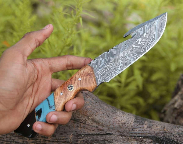Echelon Damascus Gut Hook Knife with Exotic Olive wood & Turquoise Handle - Gifts for You 'n Me