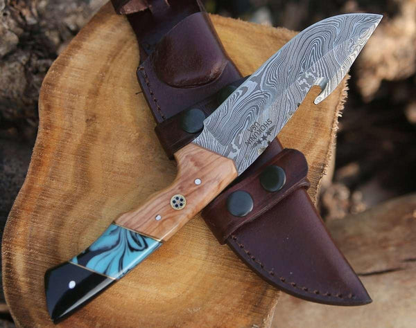 Echelon Damascus Gut Hook Knife with Exotic Olive wood & Turquoise Handle - Gifts for You 'n Me