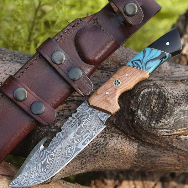 Echelon Damascus Gut Hook Knife with Exotic Olive wood & Turquoise Handle - Gifts for You 'n Me