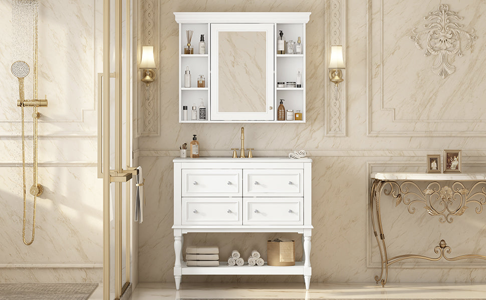 36'' Bathroom Vanity with Medicine Cabinet, Modern Mirror Cabinet with Adjustable Shelf, Bathroom Storage Cabinet with 4 Drawers, Solid Wood Frame Bathroom Storage Cabinet