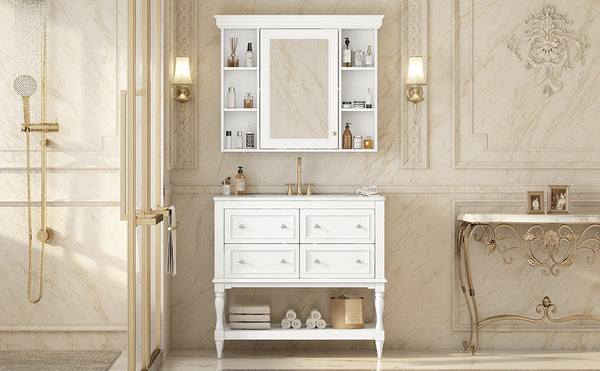 36'' Bathroom Vanity with Medicine Cabinet, Modern Mirror Cabinet with Adjustable Shelf, Bathroom Storage Cabinet with 4 Drawers, Solid Wood Frame Bathroom Storage Cabinet
