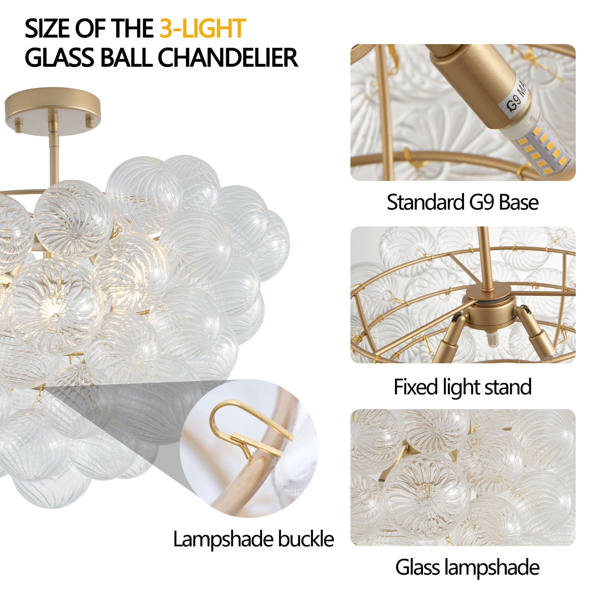 Gold Pendant Chandelier with Threaded Clear Glass Globe Shade for Living, Dining & Kitchen