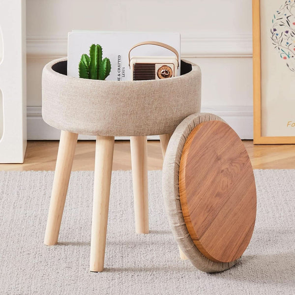 Khaki Linen Storage Velvet Upholstered Ottoman With Tray