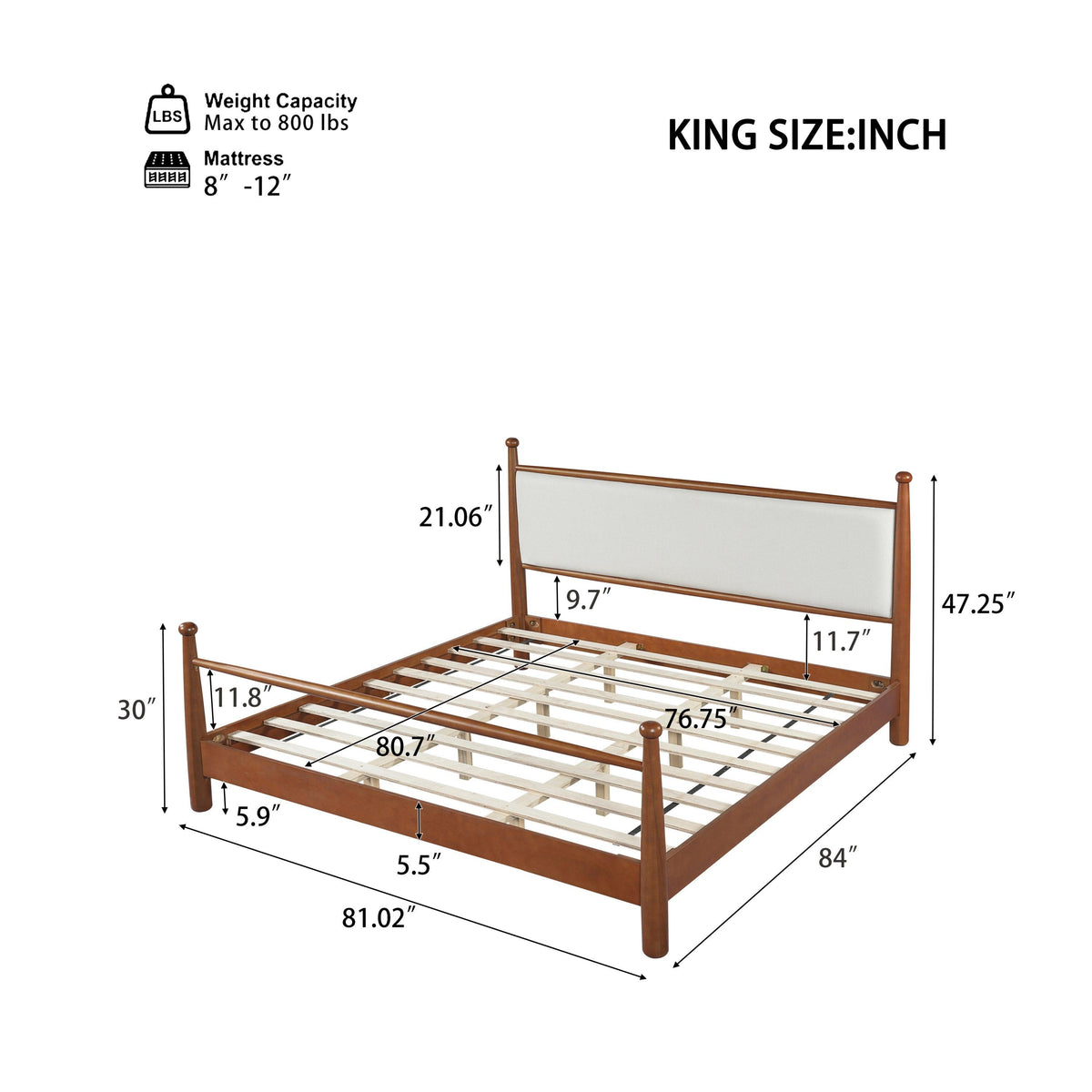 King Size Solid Poplar & Plywood Bed Frame with Upholstered Headboard