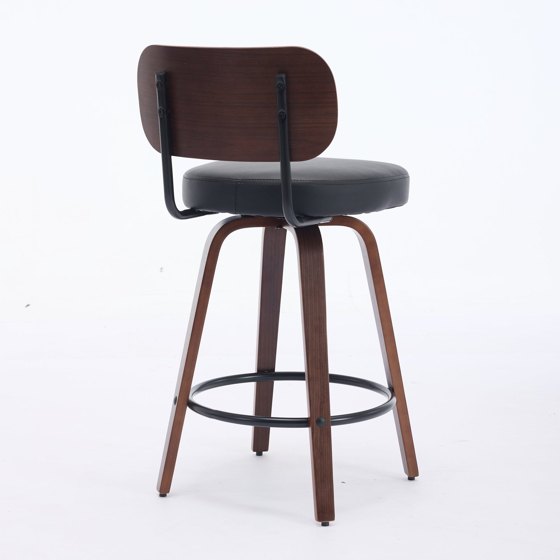 Black PU Leather and Walnut Bentwood Swivel Bar Stool Set