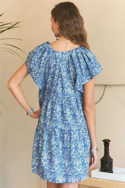 New Summer Printed V-Neck Ruffle Sleeve Mini Dress For Summer – Feminine Floral Print Dress, Stylish, Fashionable, Flirty & Fun