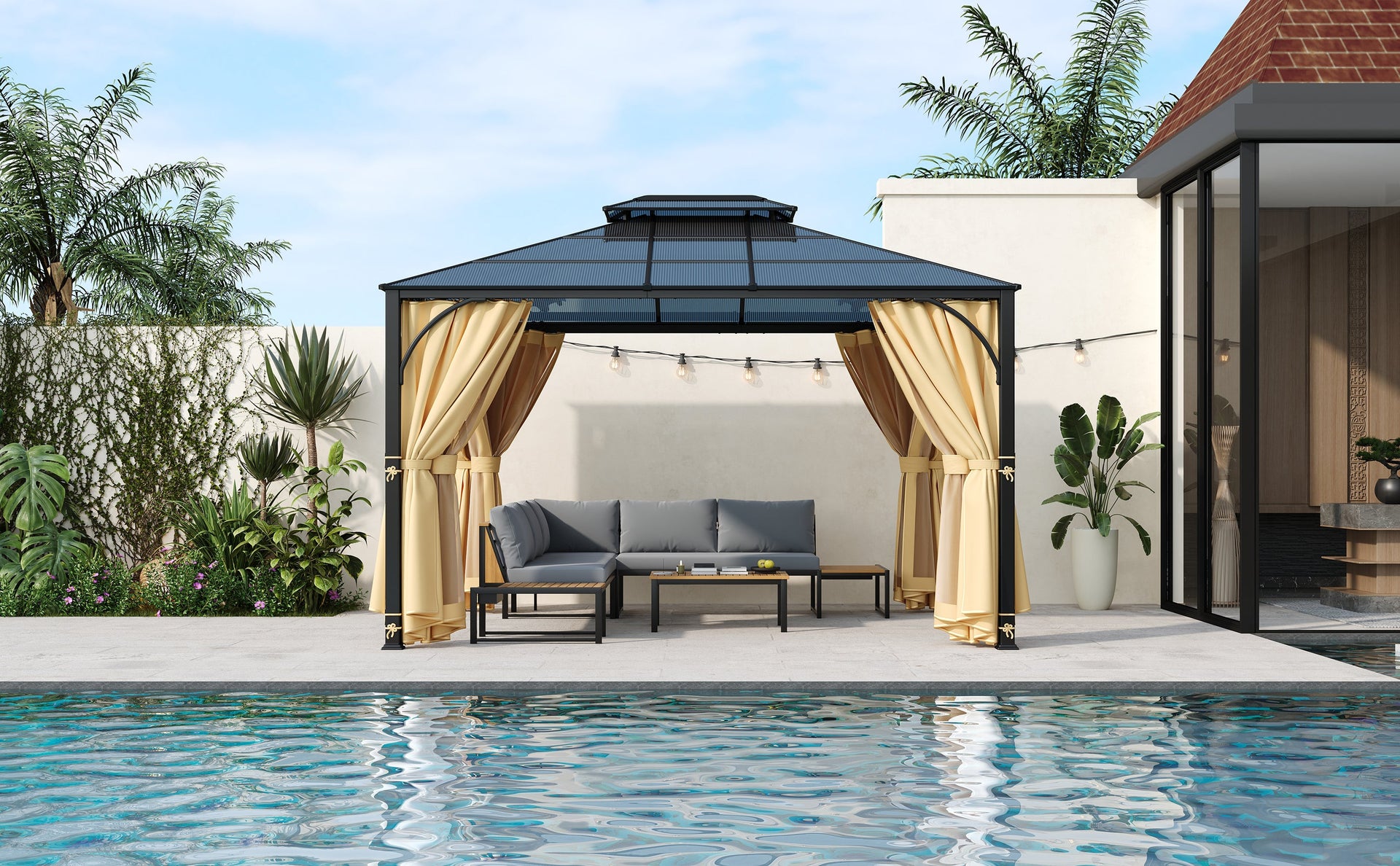 TREXM 10'x12' Hardtop Outdoor Gazebo, Heavy Duty Double Roof Patio Gazebo with Aluminum Frame, Double-Layer Side Walls Mosquito Netting & Privacy Curtains for Patio, Garden, Backyard (Beige)