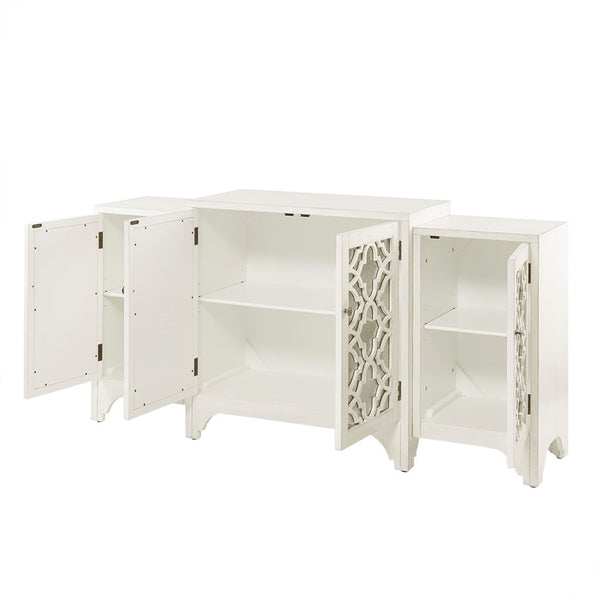 Verona Dining Buffet Server Quaterfoil Design Kitchen Storage Cabinet with Mirrored Doors - cream
