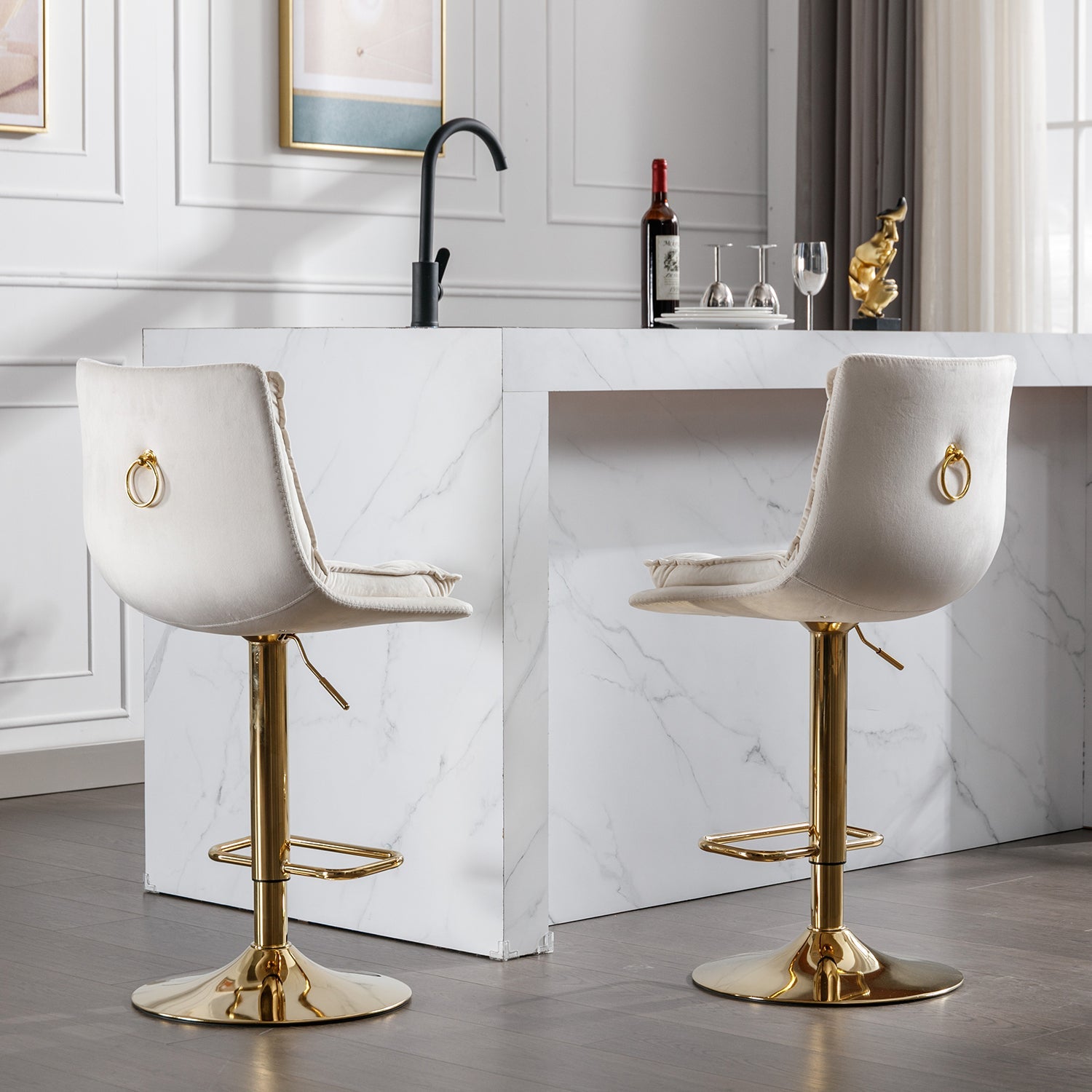 Set of 2 Bar Stools — Chrome Footrest, Swivel Height-Adjustable Velvet Seat, Golden Legs