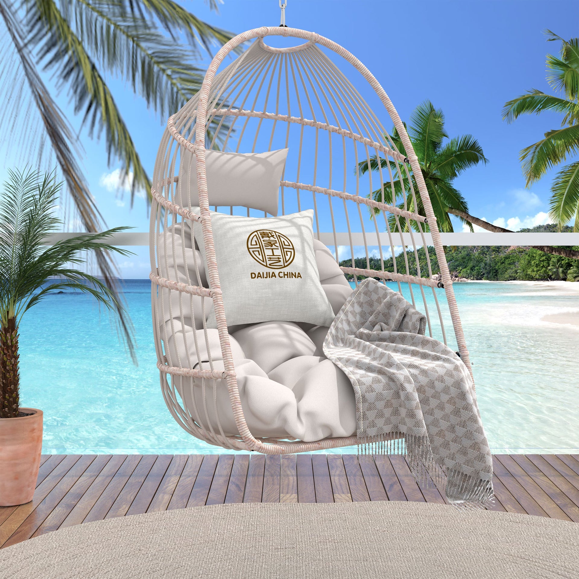 Outdoor Garden Rattan Egg Swing Hanging Chair PE Wicker Hanging Chair for Outdoor Patio
