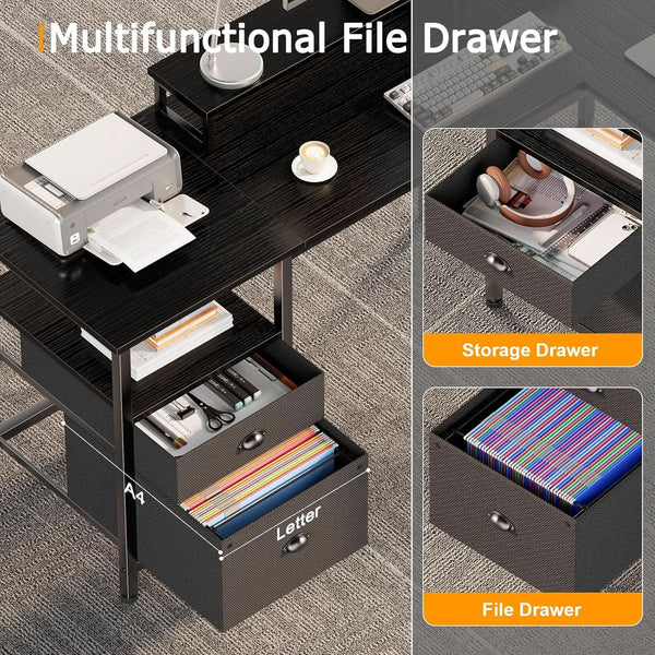 Fifty Nine Inch L Shaped Desk With Black Storage Drawers Unit