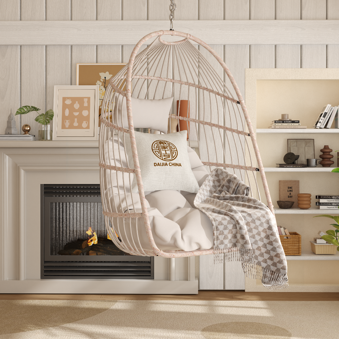 Hanging egg chair with a pillow and blanket in a cozy living room setting.