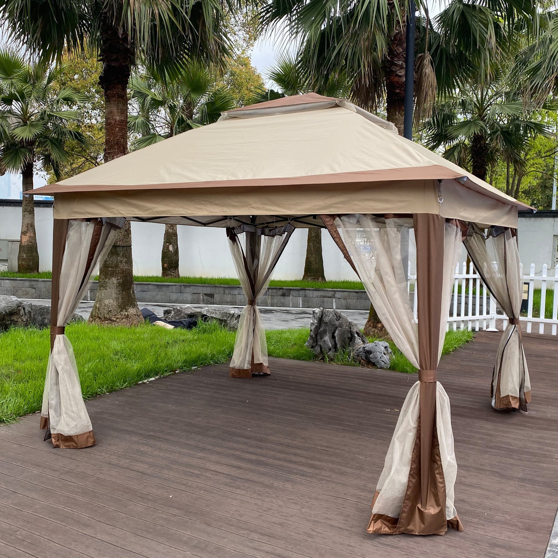 Outdoor Pop-Up Gazebo Canopy 11 x 11 ft (132 x 132 inch) with 2-Tier Soft Top and Removable Zipper Netting - Coffee Metal