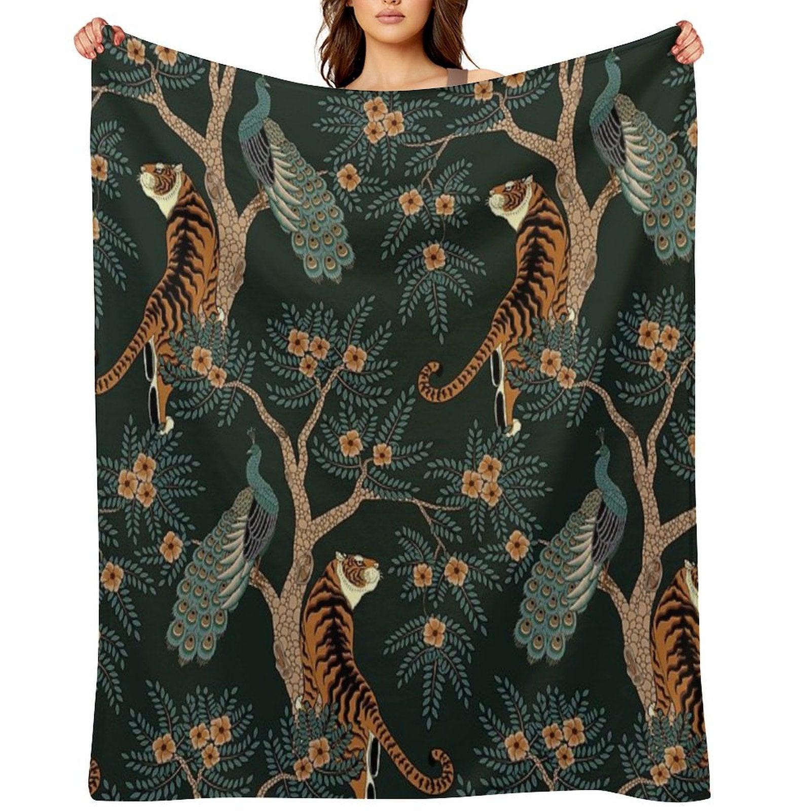 Vintage Tiger And Peacock in The Jungle Throw Blanket