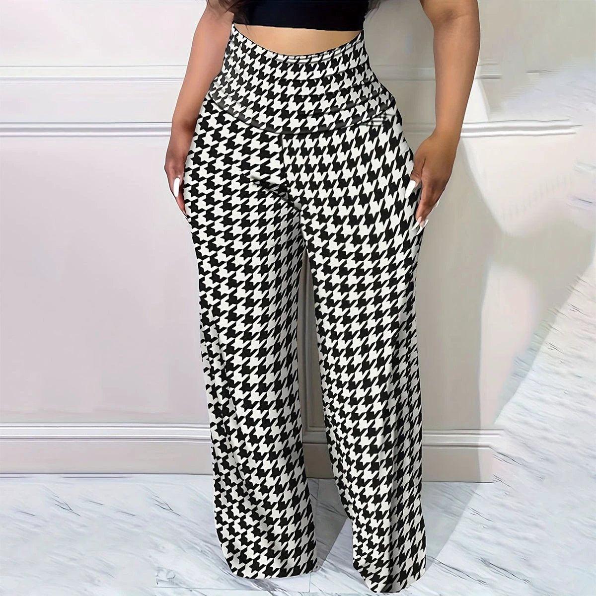 Plus Size Bird Check Comfortable Loose Women's Straight Leg Pants
