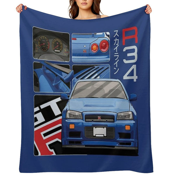 Skyline GTR R34 Blue Drawing Vector Travel-friendly Throw Blanket