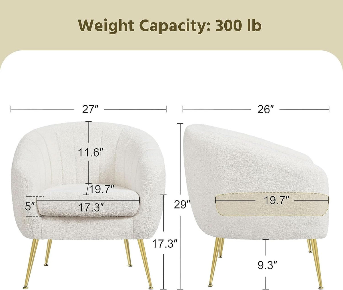 Ivory Boucle Upholstered Accent Chair Removable Cushion