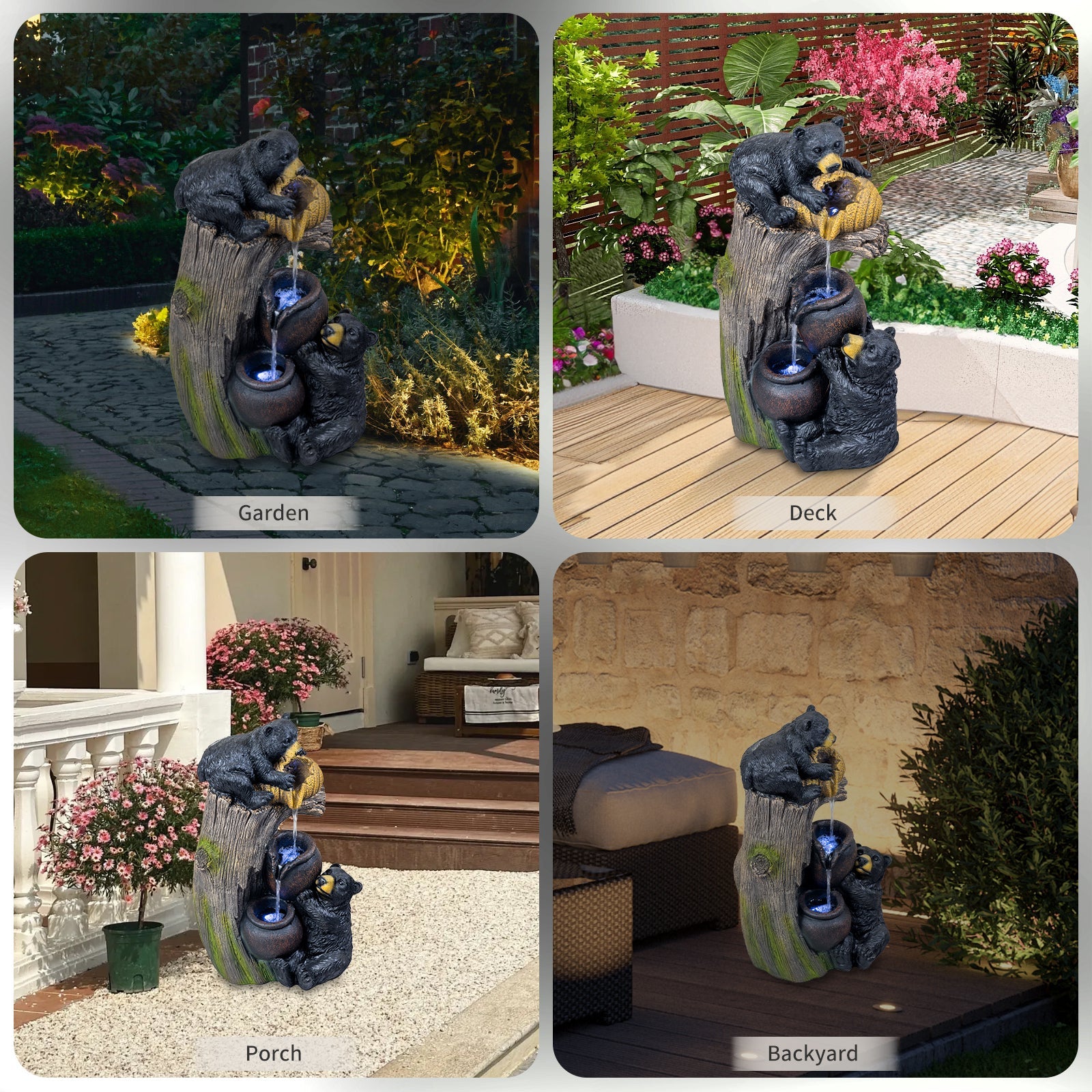 Resin Black Bear Outdoor Water Fountain with LED Lights