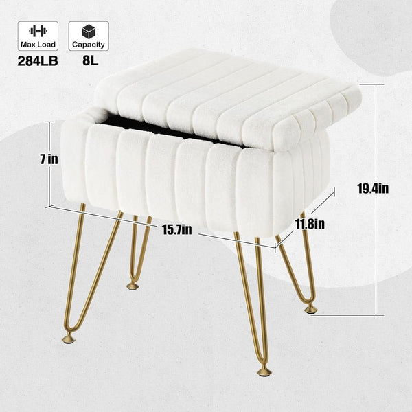 White Faux-Fur Vanity Stool With Premium-Grade Stowable-Storage