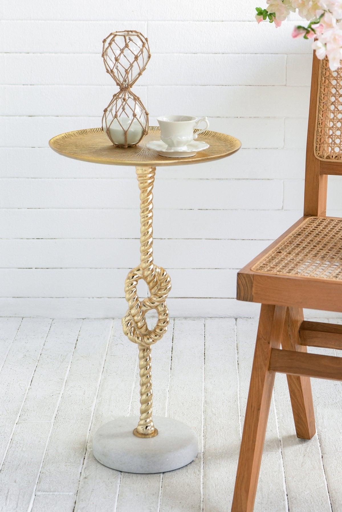 Gold Marble Side Table with Rope Knot Base – Modern Luxury End Table