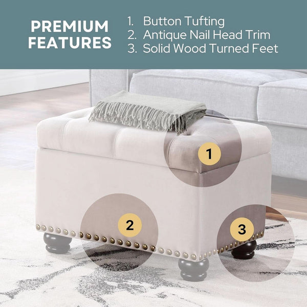 24 Inch Velvet Textured Light Taupe Storage Ottoman