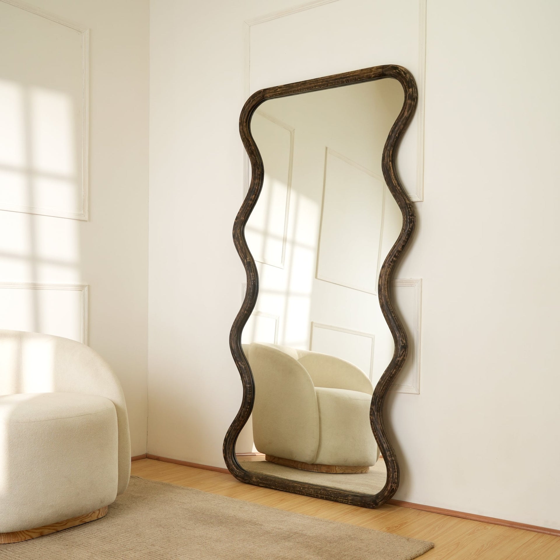 Wavy Full-Length Wall Mirror with Mango Wood Frame, 36x72