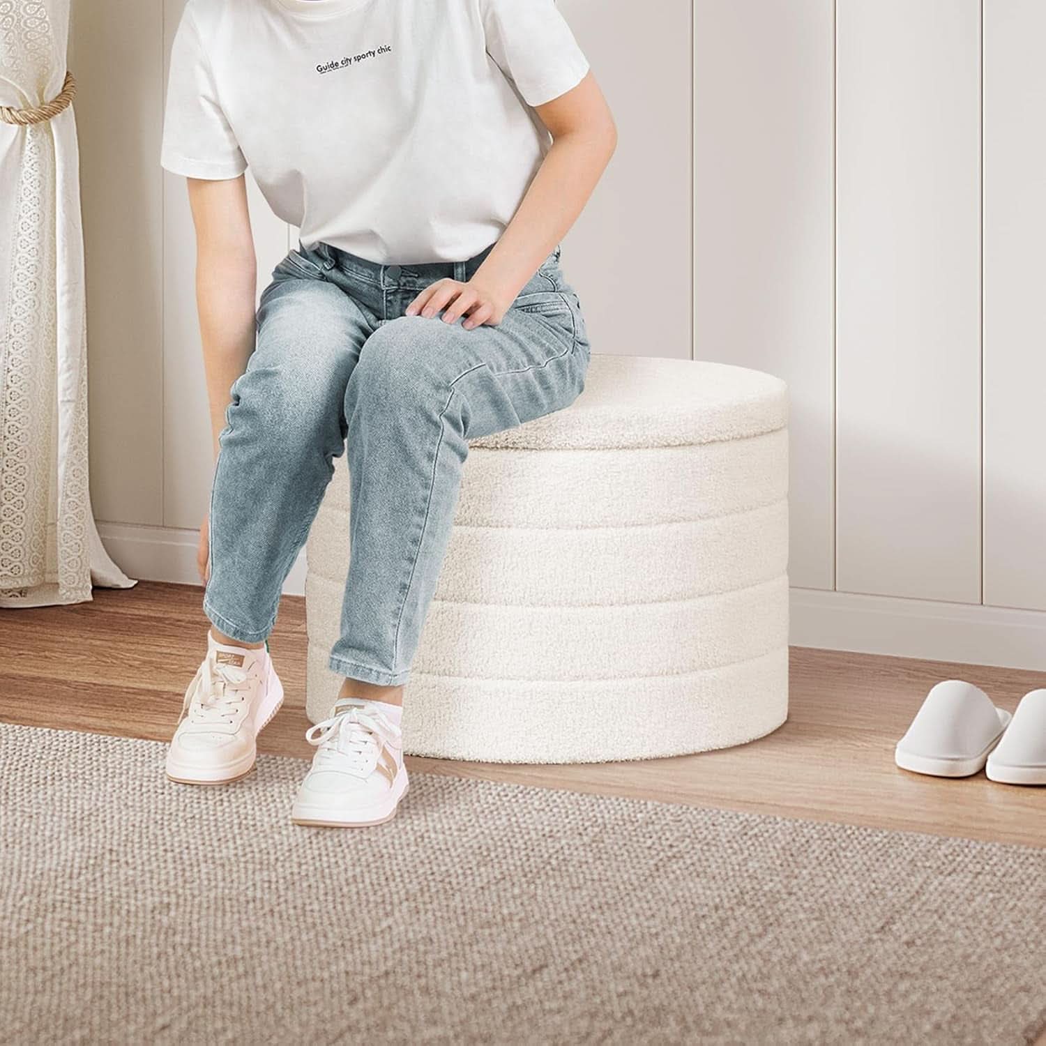 White Round Storage Ottoman Ultra Durable Cozy Elegant