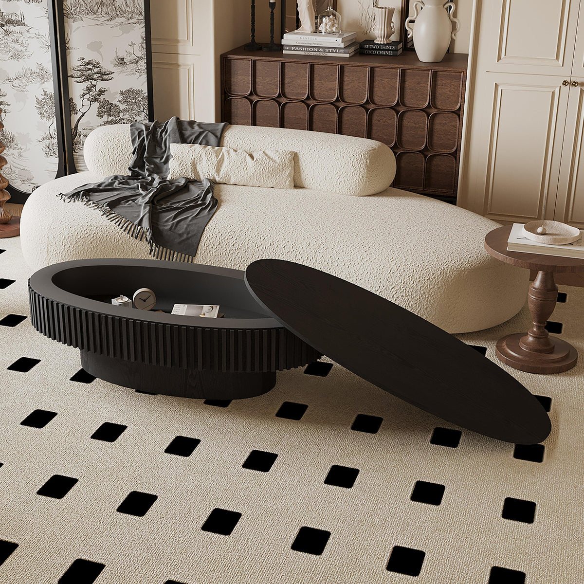 Modern Black Oval Coffee Table with Hidden Storage