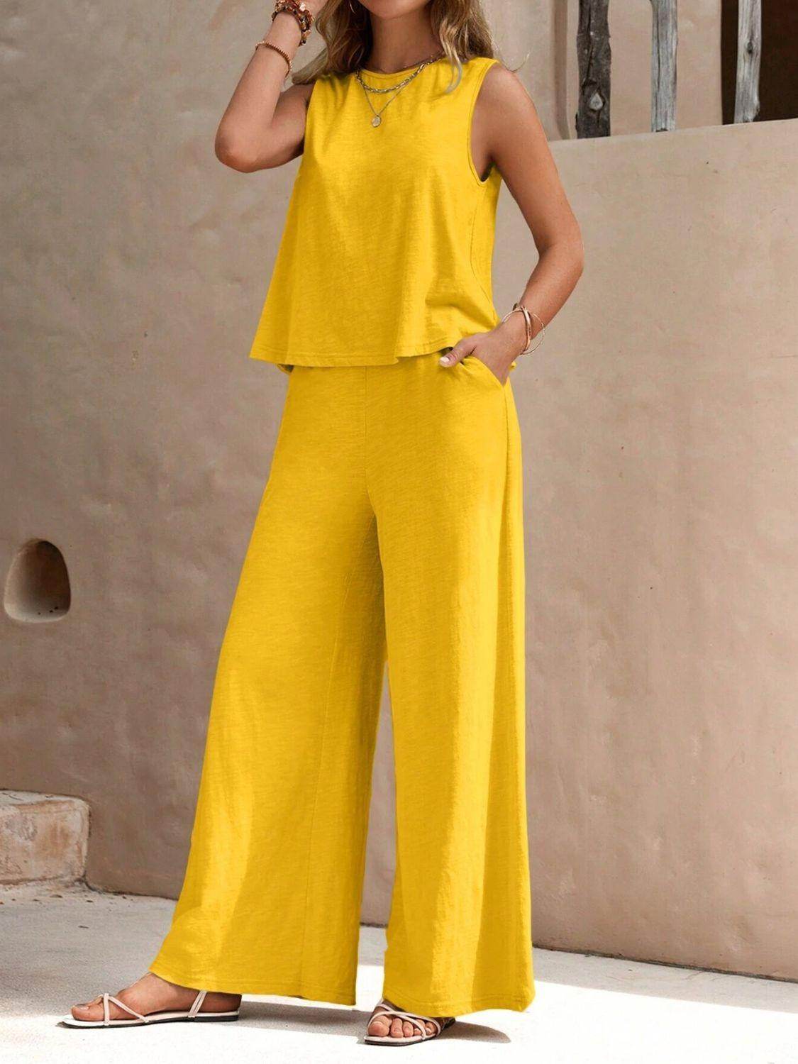 Stylish Round Neck Sleeveless Top and Wide Leg Pants Set