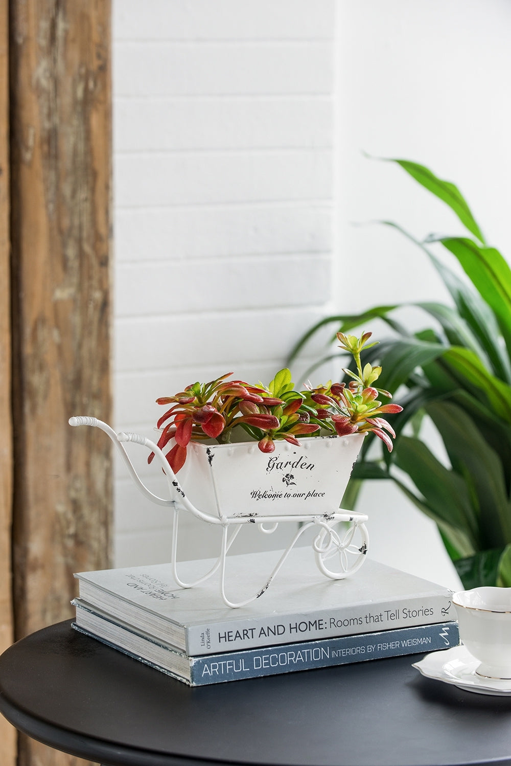 11.5x4x7' White Metal Decorative Disressed Wheelbarrow Planter, Tabletop Decor