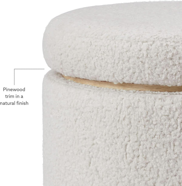 Cream Sherpa Deluxe Storage Ottoman Solidwood Base