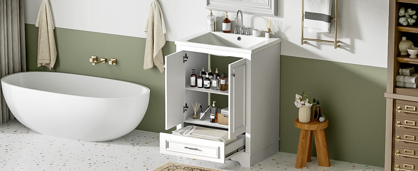 Bathroom Vanity with Ceramic Sink and Modern Freestanding Storage Cabinet, Soft-Close Doors