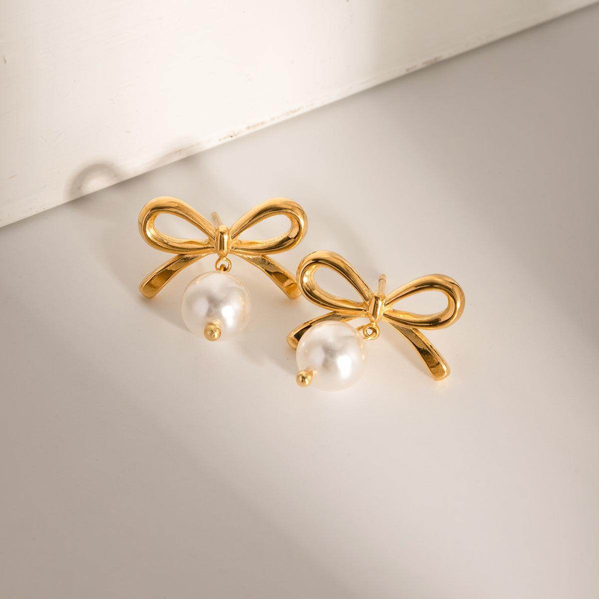 Stainless Steel Bow Pearl Earrings for Elegant Style
