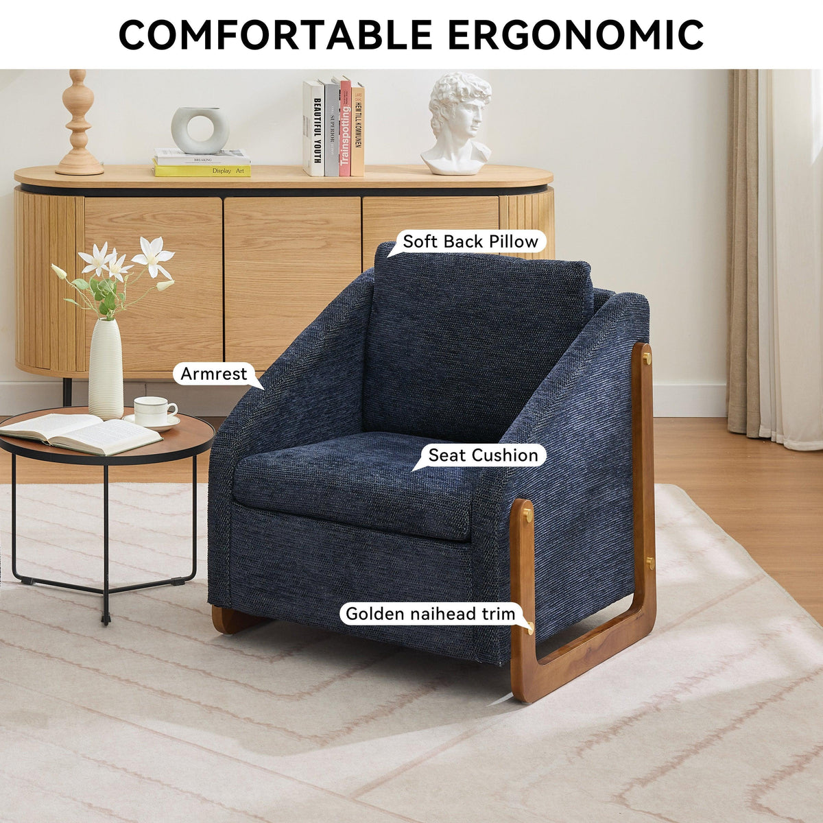 Modern Chenille Upholstered Armchair with Wooden Side Frame in Blue