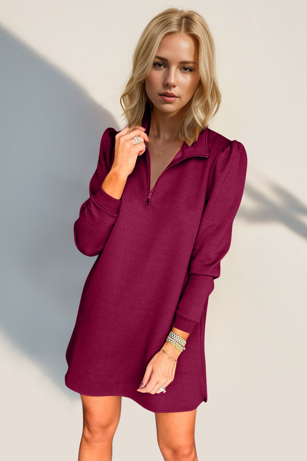 Double Take Textured Zip Long Sleeve Dress Classic Zip-Up Dress for Women Comfortable Outdoor Dress